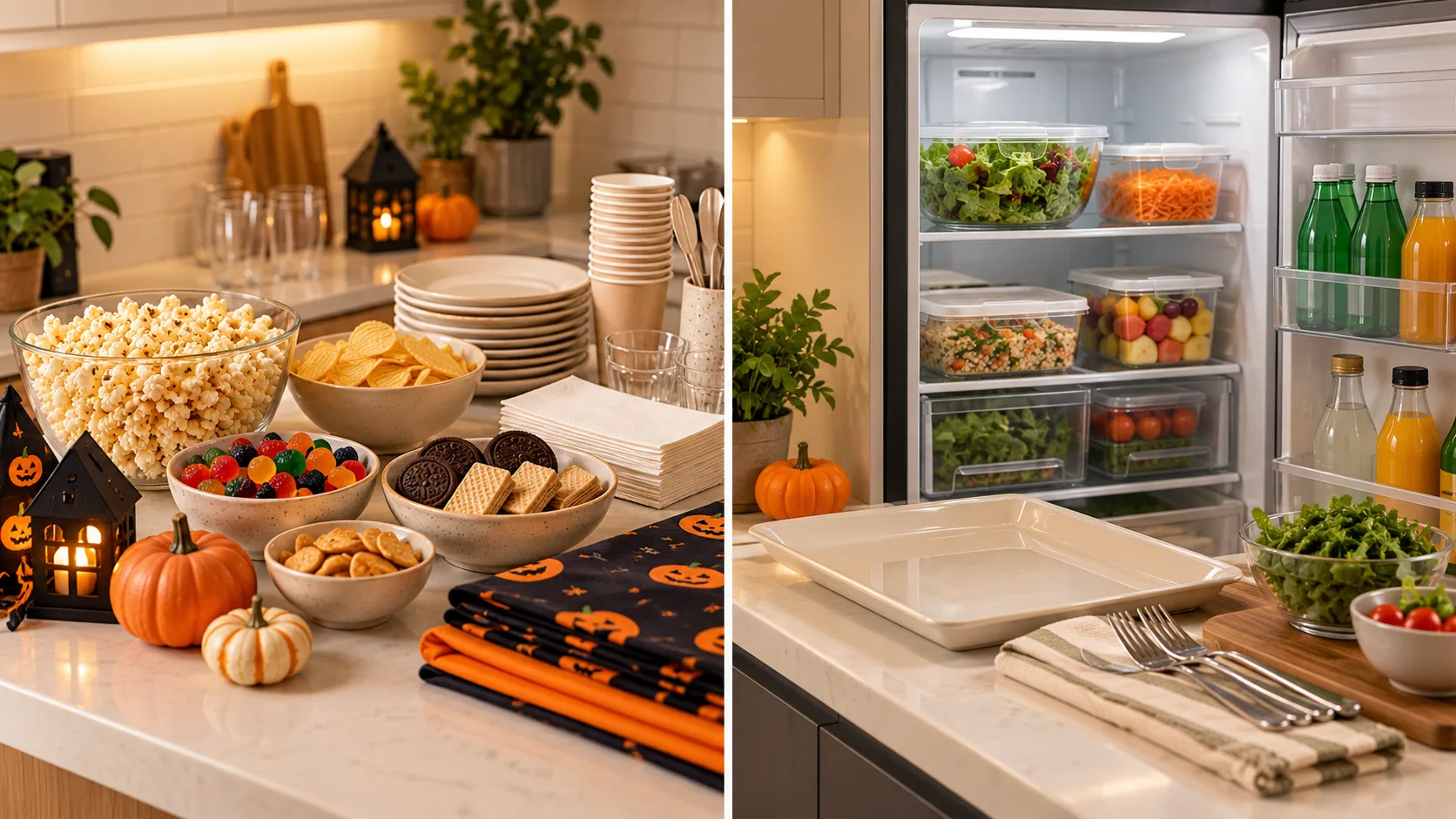 Halloween party preparation showing advance shopping supplies and refrigerated food ready for serving