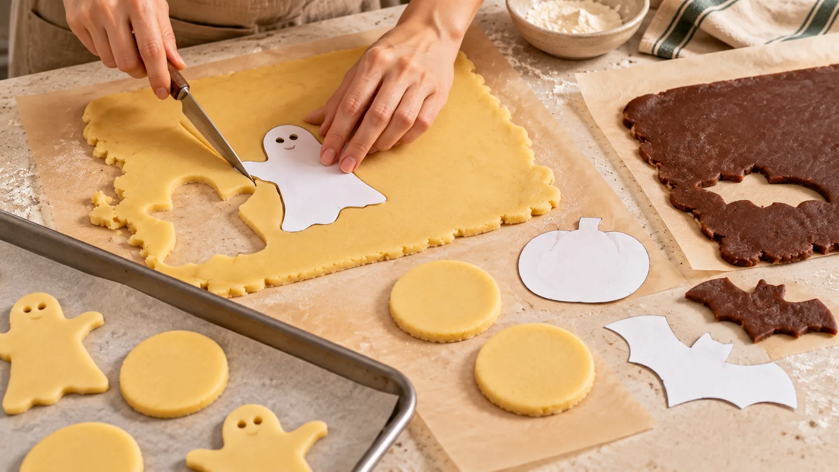 Bánh quy Halloween hình con ma, bí ngô và bánh tròn hai màu vani cacao đang nguội trên giá