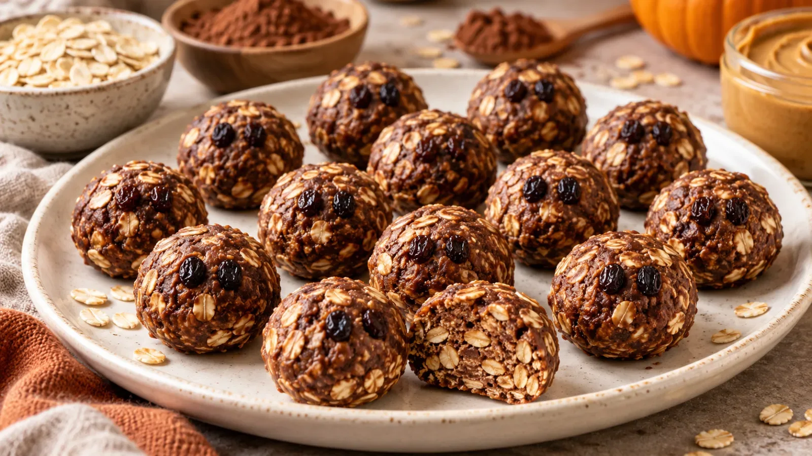 Homemade no-bake chocolate oat and peanut butter energy bites decorated with small raisin eyes for Halloween
