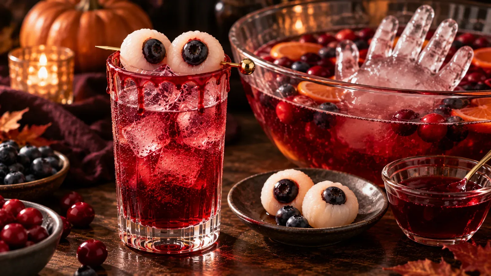 Trang tr&iacute; mocktail Halloween bằng nh&atilde;n cầu quả vải nhồi việt quất, viền siro đỏ v&agrave; đ&aacute; vi&ecirc;n h&igrave;nh b&agrave;n tay