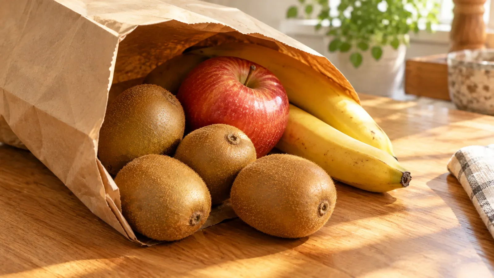Ủ chín kiwi tự nhiên tại nhà bằng cách để chung với táo hoặc chuối chín trong túi giấy