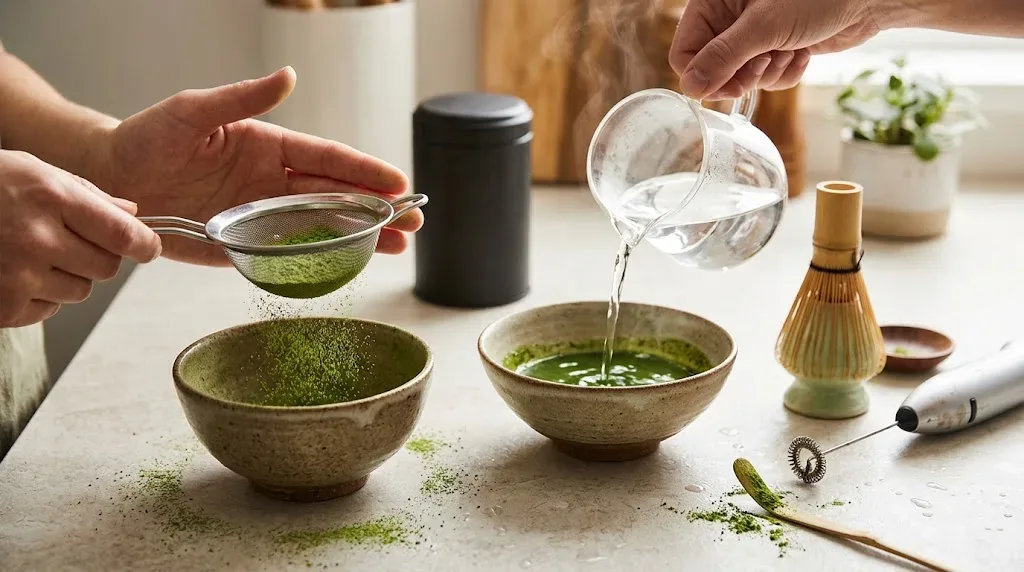 Thao tác rây bột matcha qua rây mắt nhỏ, rót nước ấm 75–80°C đánh tan chống vón cục cùng chổi chasen, máy tạo bọt cầm tay và hũ bảo quản trà kín khí chắn sáng