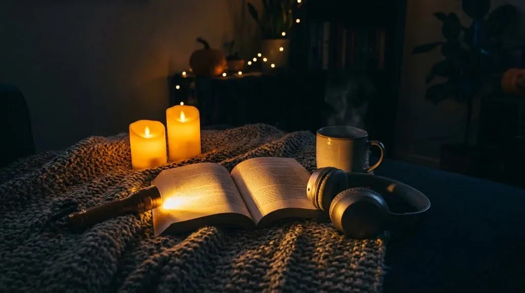 Đọc sách kỳ bí và kể chuyện ma dưới ánh đèn pin cùng nến LED ấm áp trong đêm Halloween tại nhà