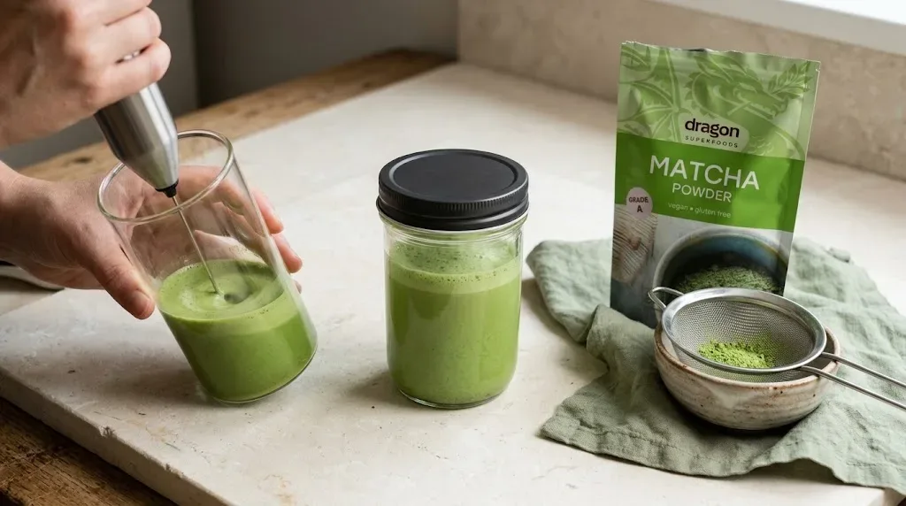 Cách đánh tan bột matcha hữu cơ Dragon Superfoods không bị vón cục bằng máy tạo bọt sữa cầm tay nghiêng 45 độ và hũ thủy tinh có nắp kín khi không có chổi chasen