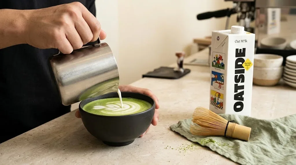 Pha chế matcha latte nghệ thuật với lớp bọt mịn từ Sữa Yến Mạch Barista Blend Không Đường Oatside 1L và chổi tre chasen