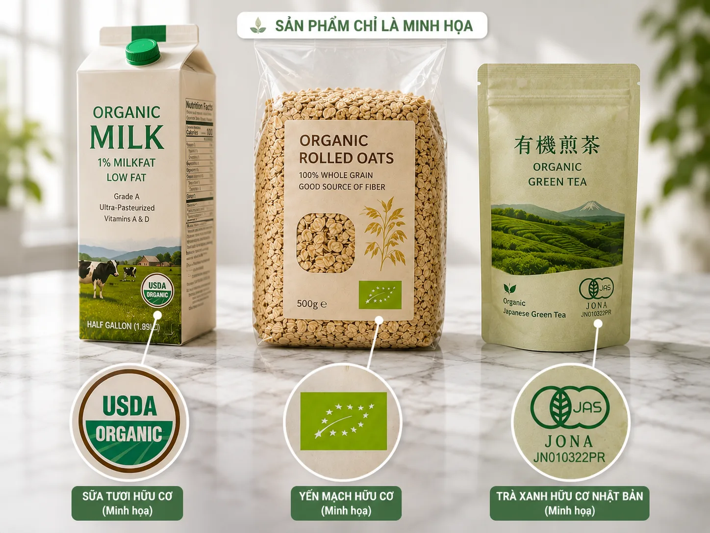 Logo thực phẩm organic USDA, EU và JAS.