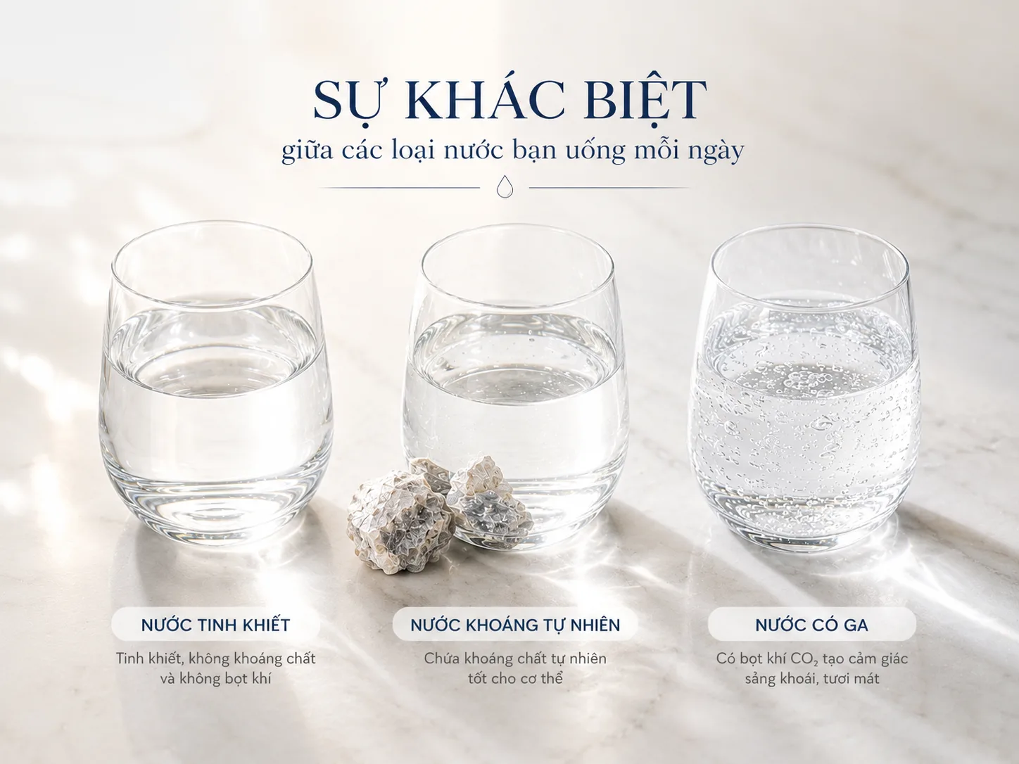 Sự kh&aacute;c biệt giữa nước tinh khiết, nước kho&aacute;ng tự nhi&ecirc;n v&agrave; nước c&oacute; ga
