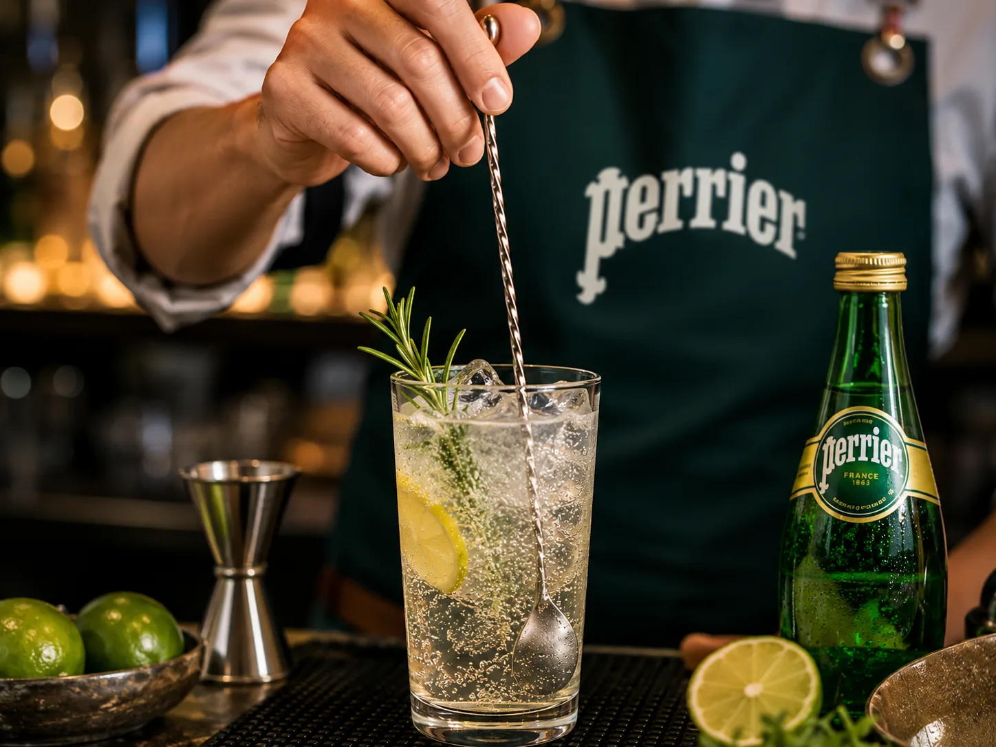Kỹ thuật khuấy đồ uống chuẩn chuyên gia giúp giữ trọn bọt ga Perrier.