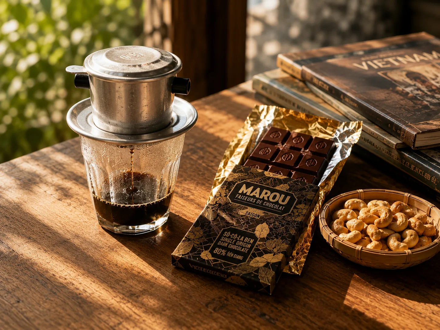 Artisanal Vietnamese chocolate and traditional brewing phin coffee.