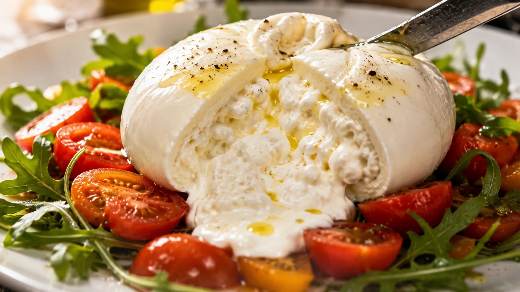 Phô mai tươi Burrata Ý cắt đôi với nhân kem béo chảy cùng cà chua