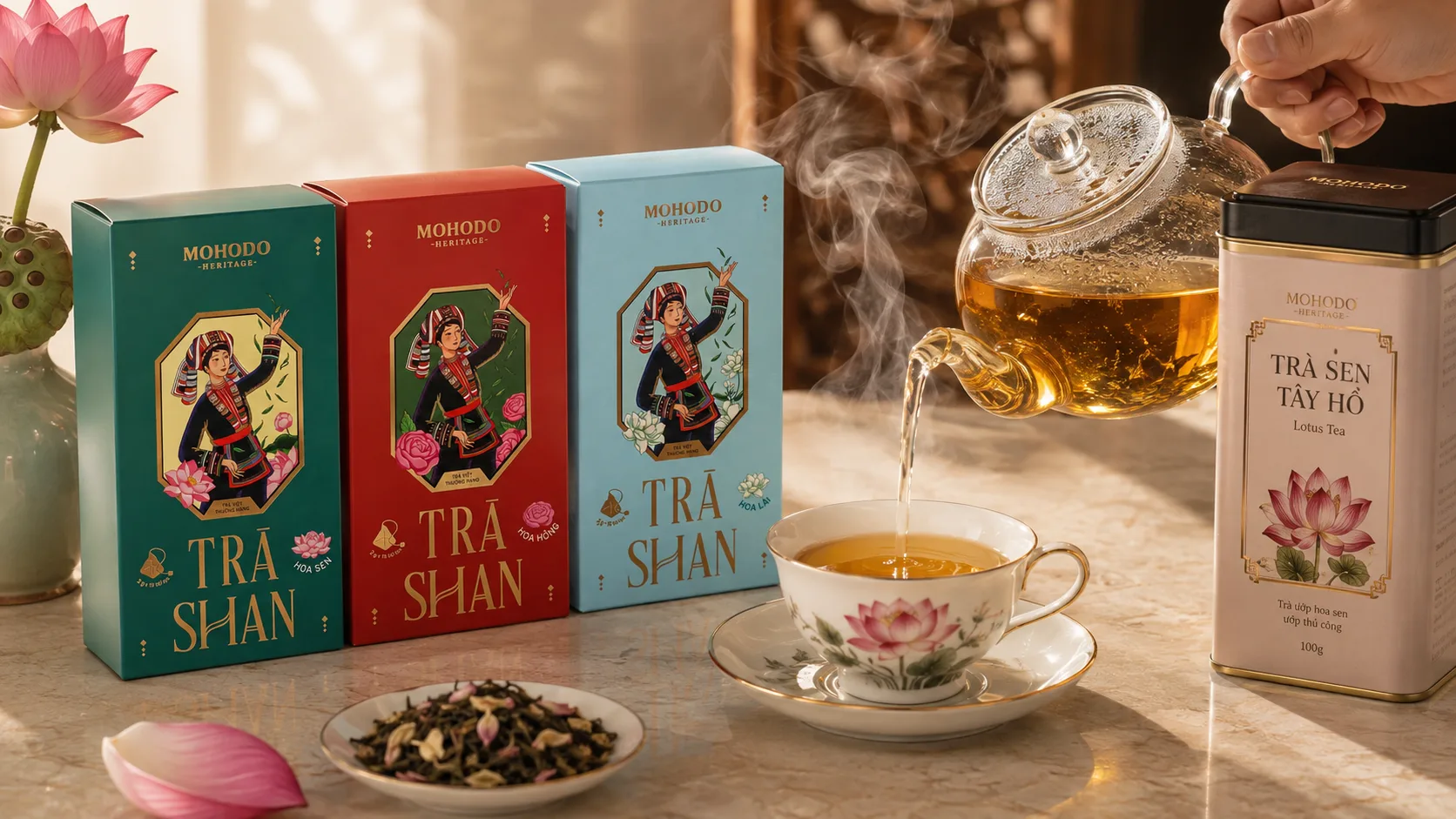 Premium Vietnamese lotus tea served in elegant porcelain for Mid-Autumn festival