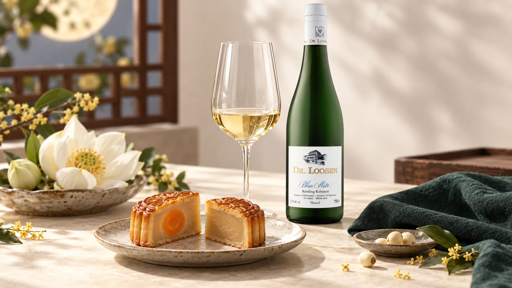 Off-dry Riesling paired with lotus seed mooncake for Mid-Autumn Festival