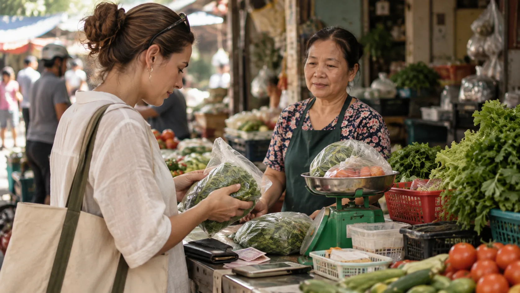Shopper checking price and groceries before paying in Vietnam