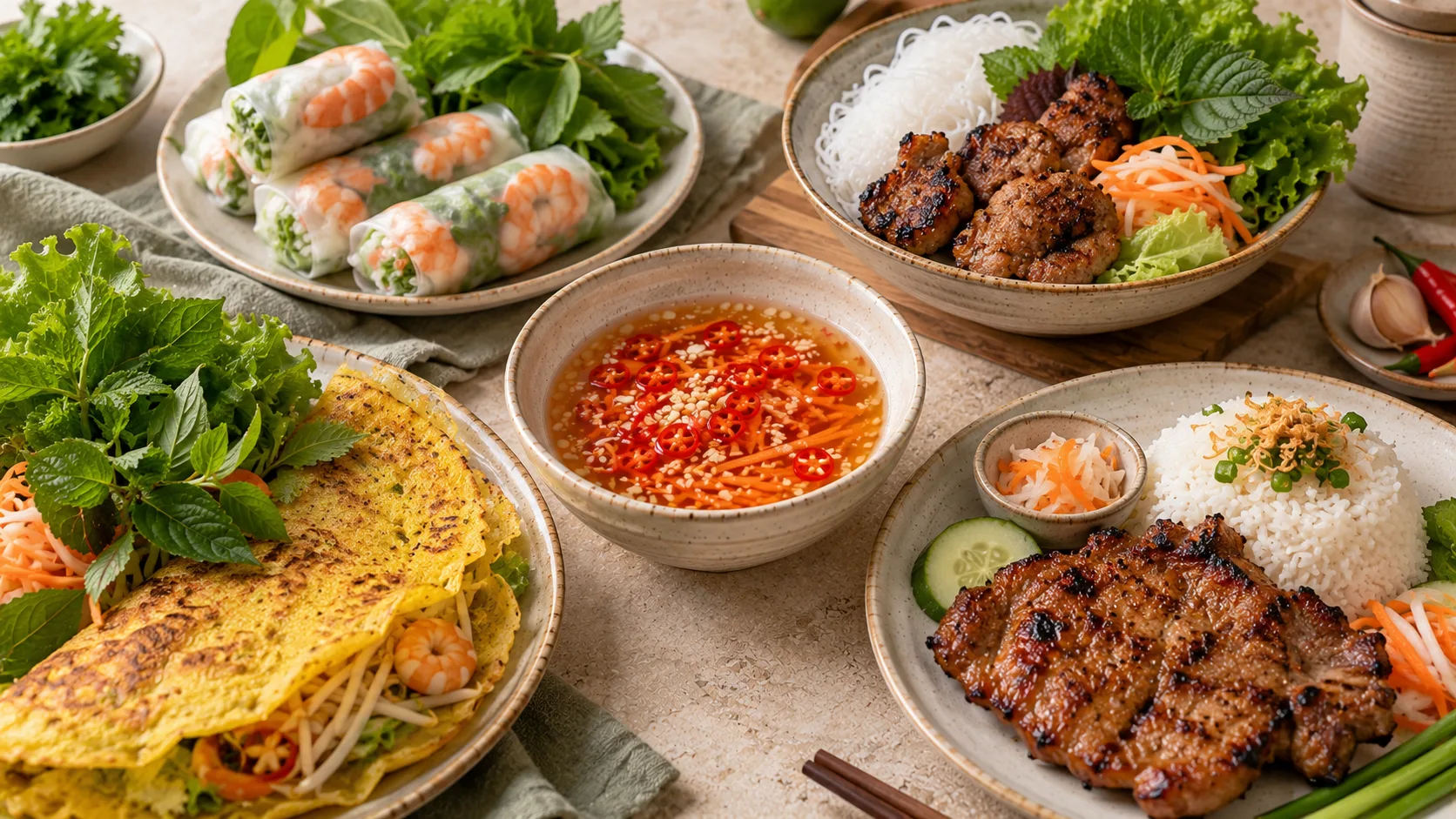 Nuoc cham served with spring rolls, bun cha, com tam and banh xeo