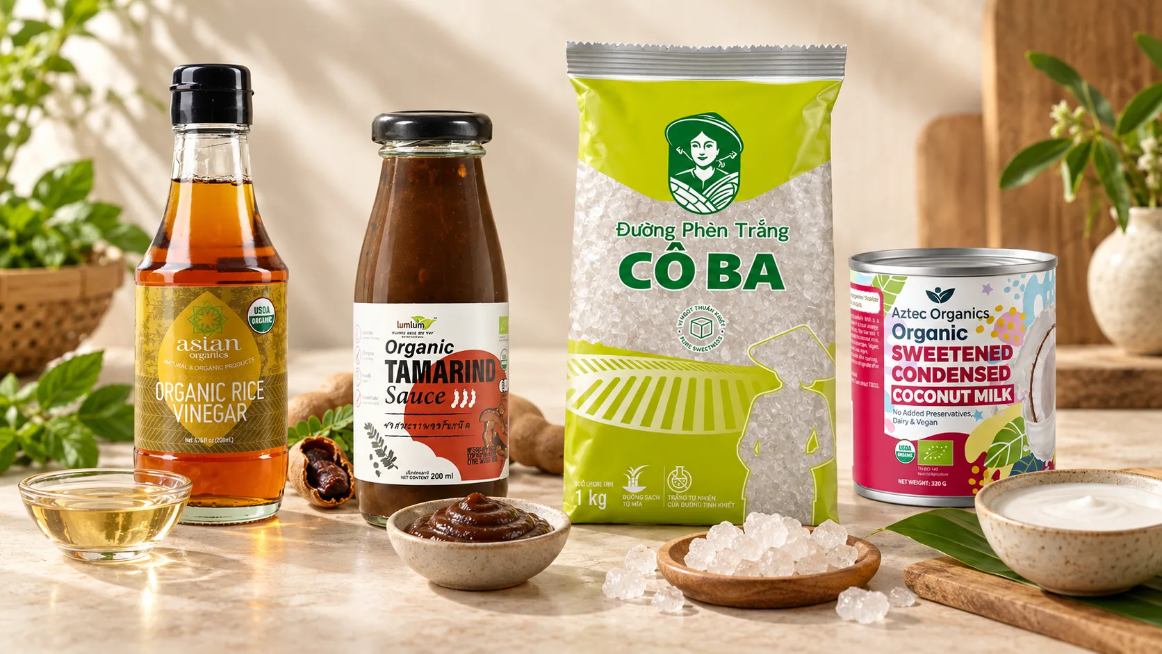 Rice vinegar, tamarind, rock sugar and coconut milk as balancing ingredients in Vietnamese cooking.