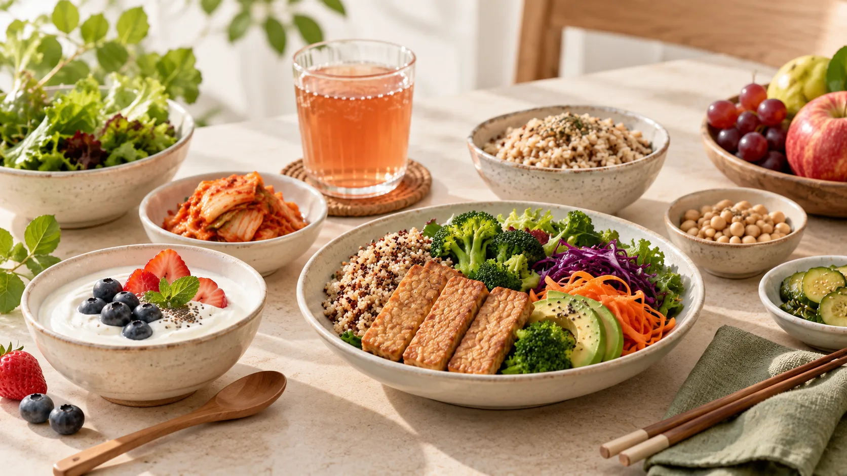 Thực phẩm l&ecirc;n men kết hợp rau củ, ngũ cốc v&agrave; chất xơ trong chế độ ăn c&acirc;n bằng