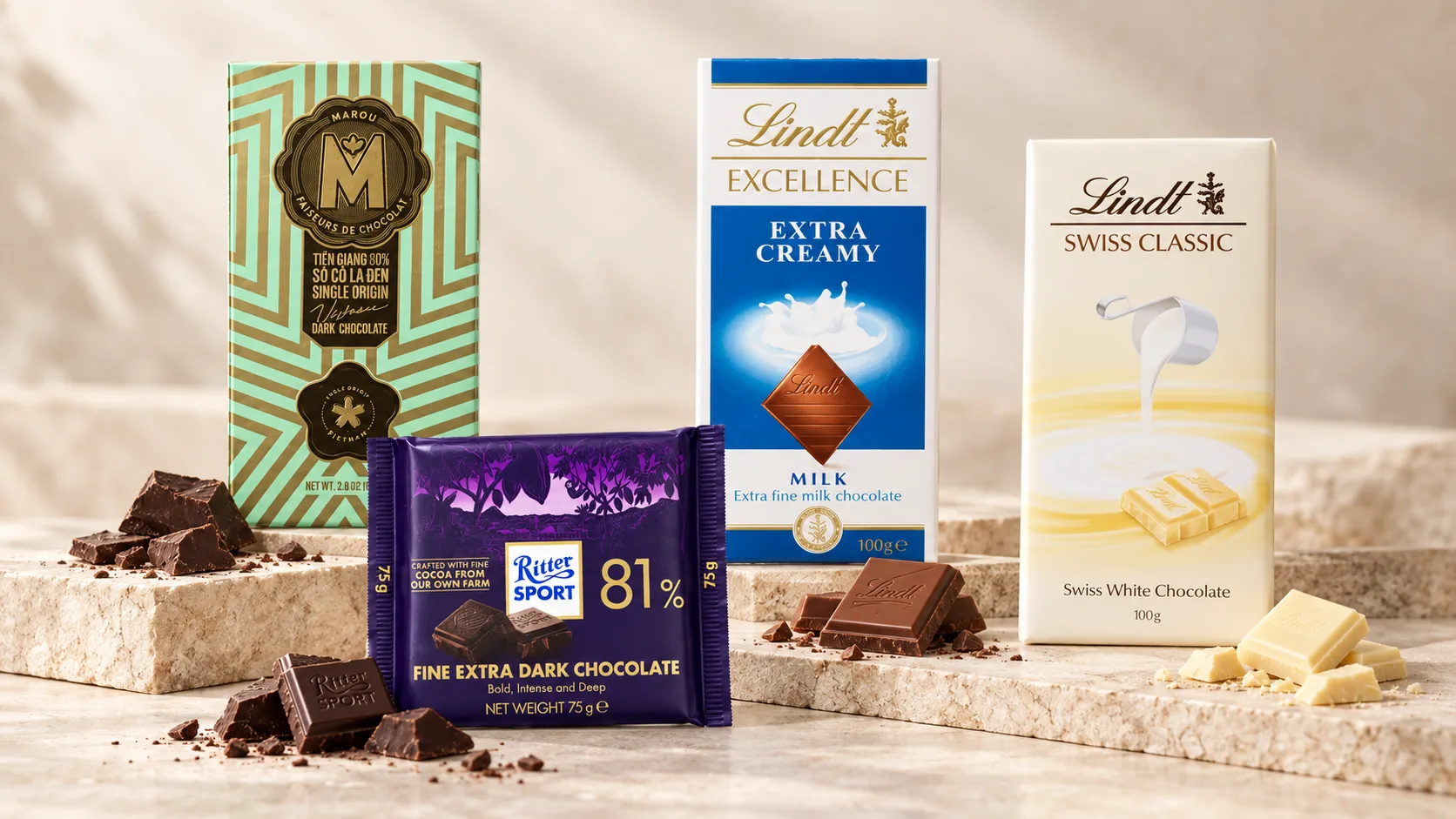 Các sản phẩm dark, milk và white chocolate được bố trí trong một composition editorial gần cuối bài