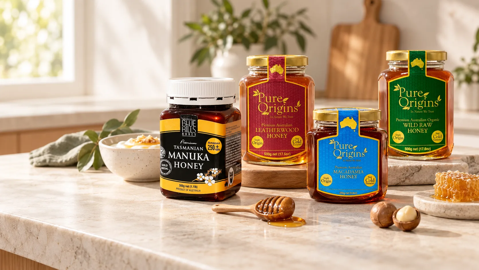 Bốn hũ mật ong Blue Hills, Barnes, Wild Raw và Macadamia trong bố cục editorial trên bàn đá sáng