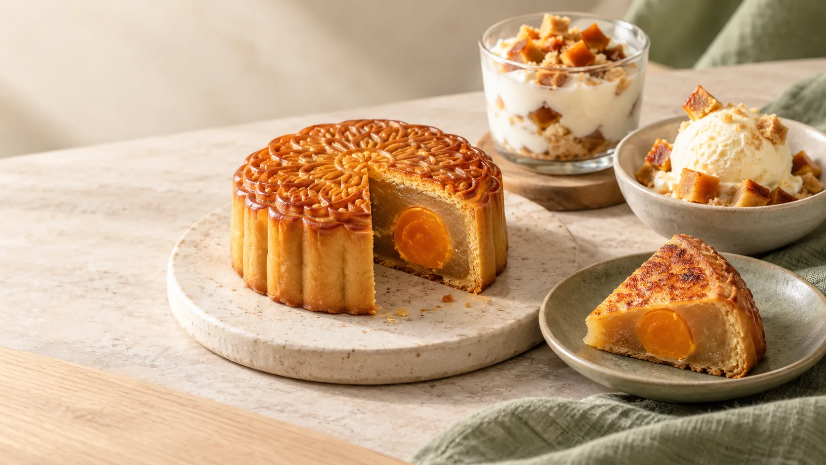 B&aacute;nh Trung Thu c&ograve;n dư được biến tấu c&ugrave;ng yogurt parfait, kem vani v&agrave; b&aacute;nh &eacute;p n&oacute;ng