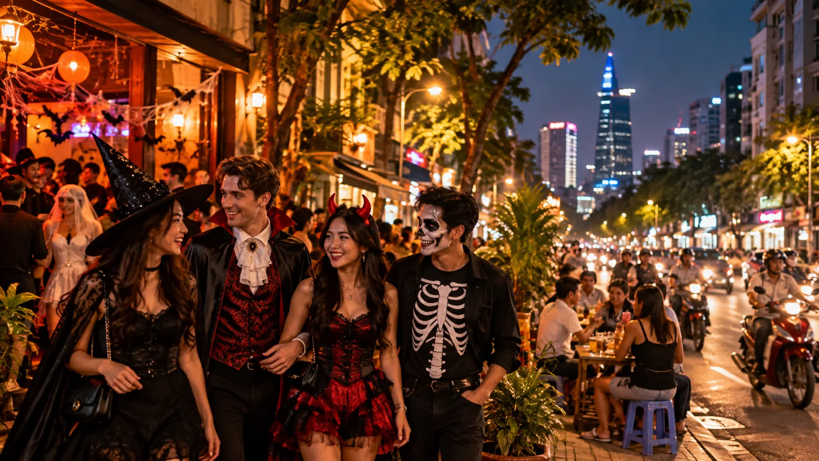 Costumed Halloween revelers beside ordinary evening life in Ho Chi Minh City, showing the city's selective celebration