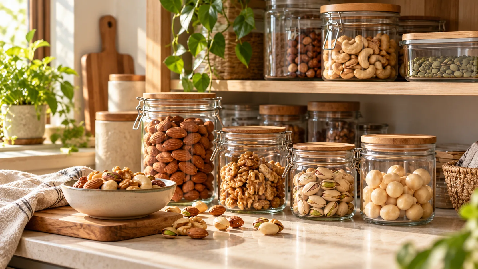 Các loại hạt được chia nhỏ và bảo quản trong hộp kín tại pantry gia đình