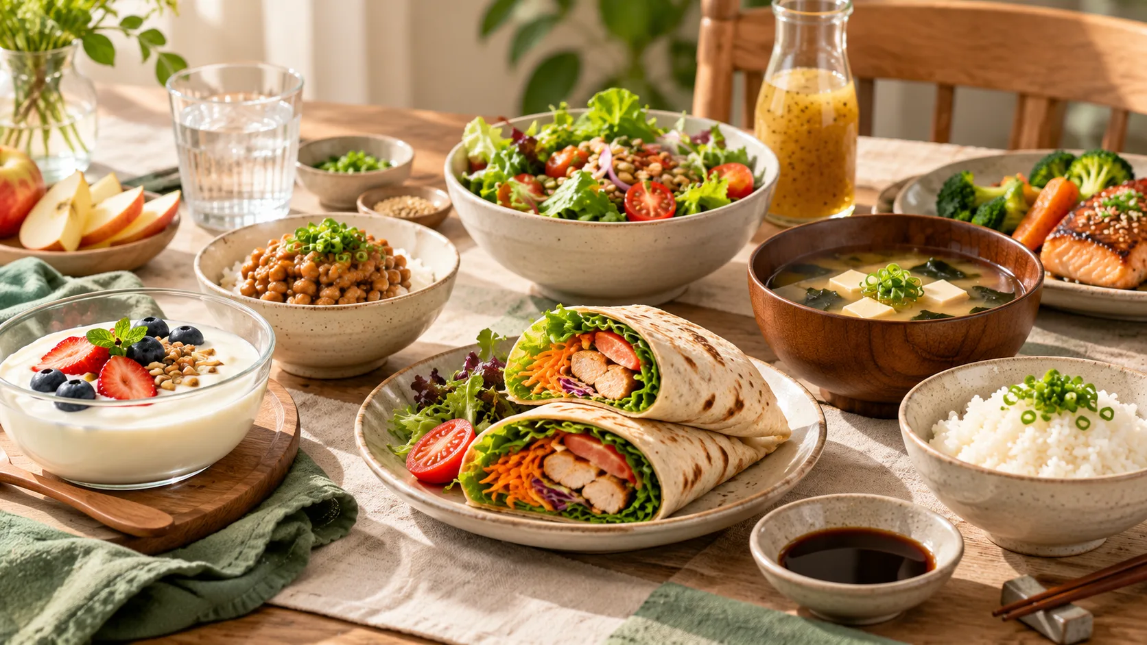 Bữa ăn với nhiều cách sử dụng thực phẩm lên men như yogurt miso salad wrap và nước tương