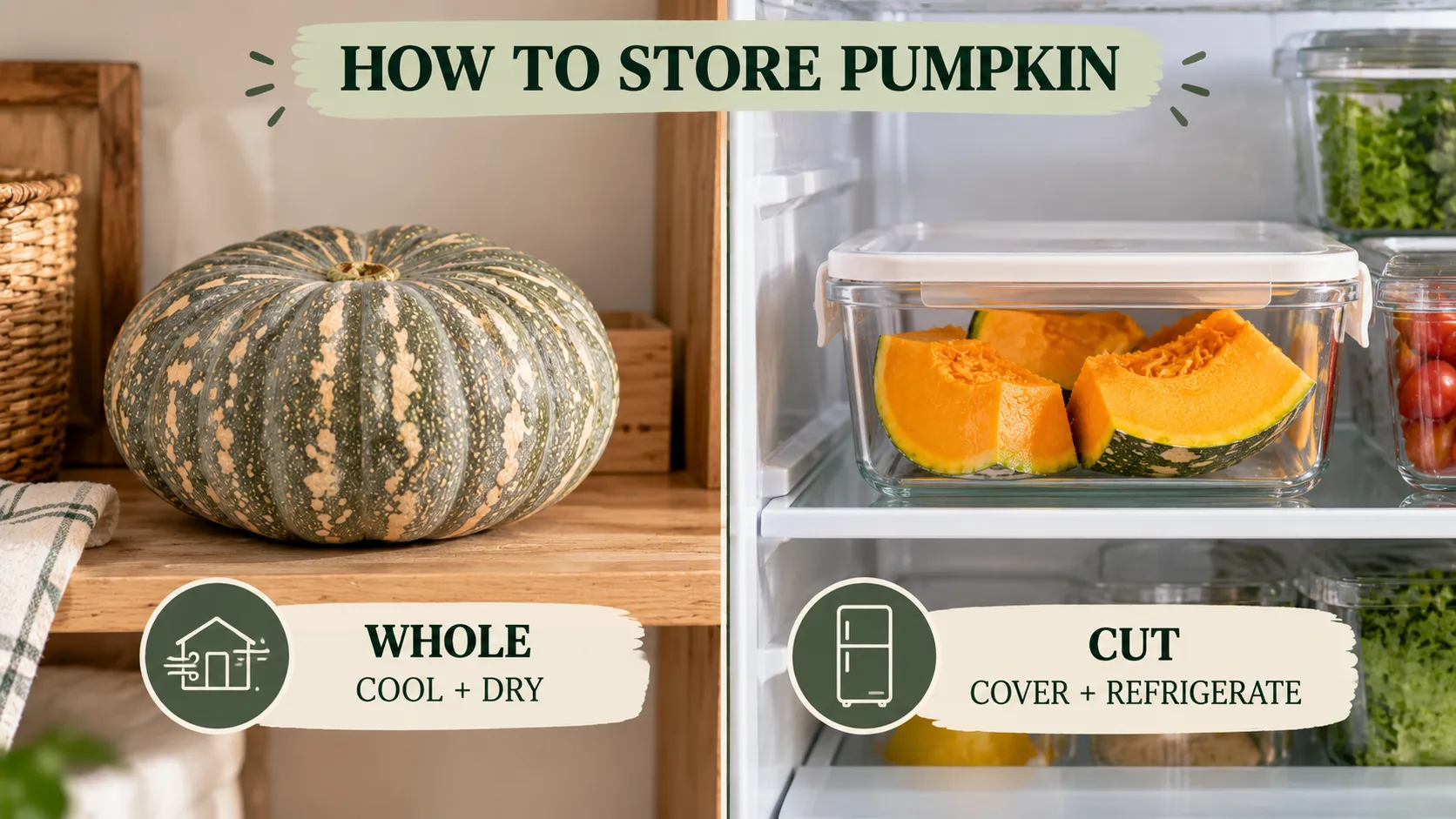 Storage comparison showing whole pumpkin kept cool and dry and cut pumpkin covered in the refrigerator