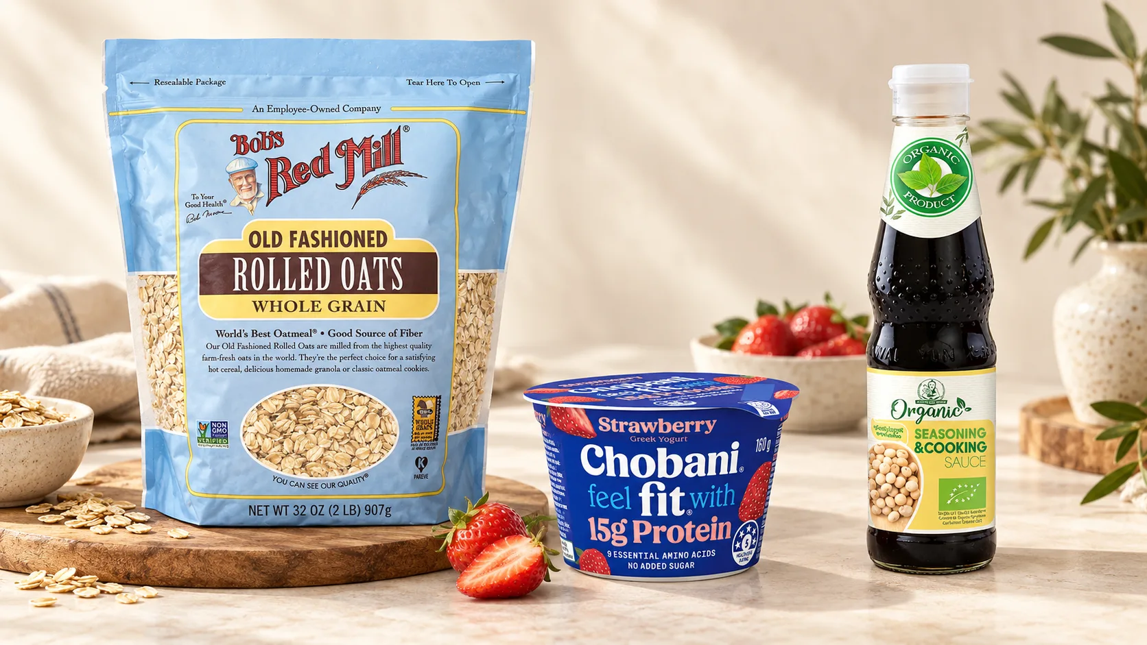 Ba sản phẩm nhập khẩu Bob's Red Mill Chobani Fit và Healthy Boy dùng minh họa cách đọc nhãn dinh dưỡng tại ROOTS