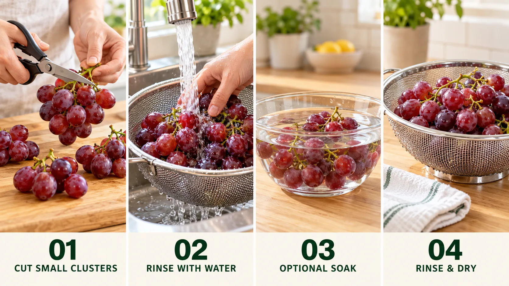 Bốn bước rửa nho đúng cách gồm cắt nhánh, xả dưới vòi nước, ngâm tùy chọn và để ráo