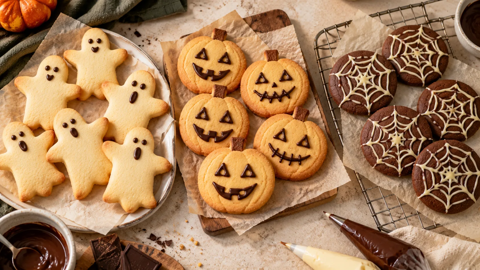 Ba kiểu bánh quy Halloween trang trí chocolate gồm hình con ma, mặt bí ngô và mạng nhện