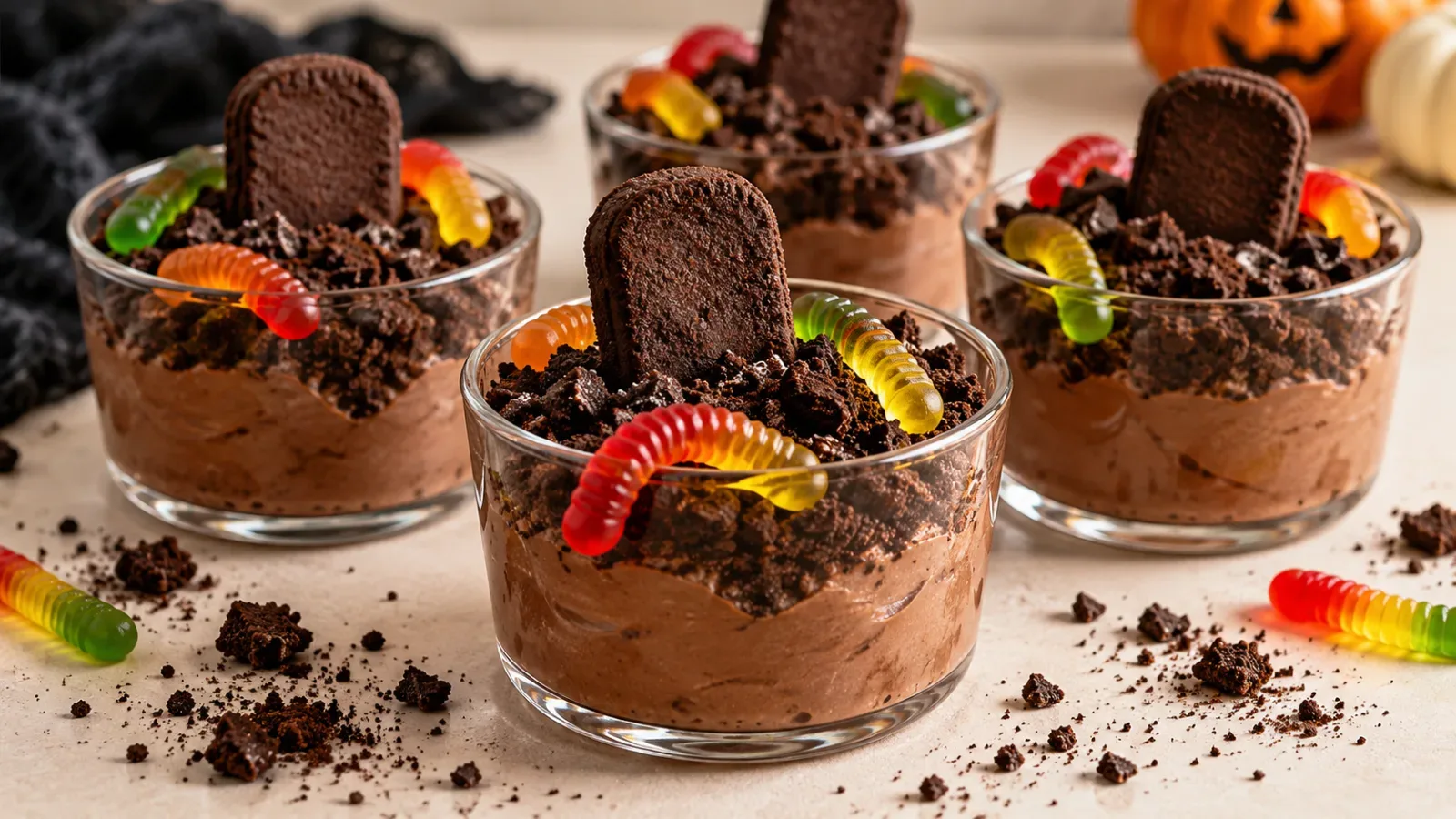 No-bake Halloween graveyard dirt cups made with cocoa Greek yogurt, crushed chocolate biscuits, biscuit tombstones and gummy worms