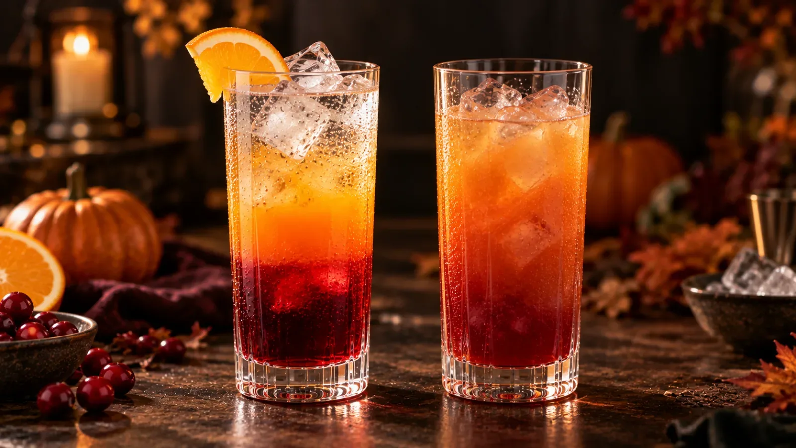 So s&aacute;nh hai ly mocktail Halloween: một ly ph&acirc;n tầng đỏ cam r&otilde; n&eacute;t v&agrave; một ly bị h&ograve;a m&agrave;u đục do r&oacute;t sai kỹ thuật