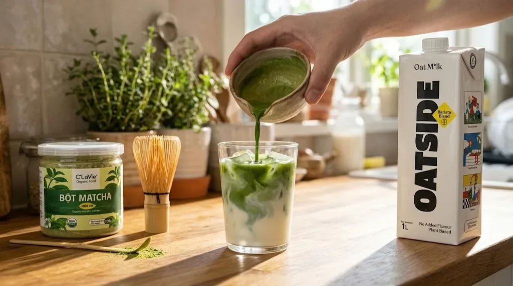 Pha Matcha Latte đá phân tầng sánh mịn tại nhà bằng cách rót cốt trà từ Bột Matcha Hữu Cơ C'LAVIE hũ 100g lên trên lớp sữa yến mạch đậm đà OATSIDE Barista Blend