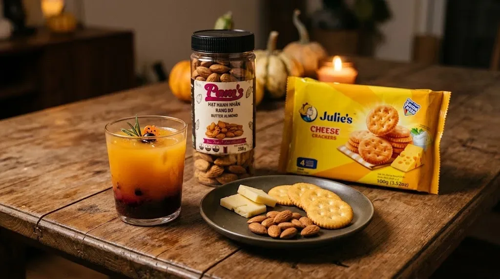 Khẩu phần ăn nhẹ Halloween cho một người gồm một ly mocktail kèm đĩa phô mai, bánh quy giòn và hạt hạnh nhân