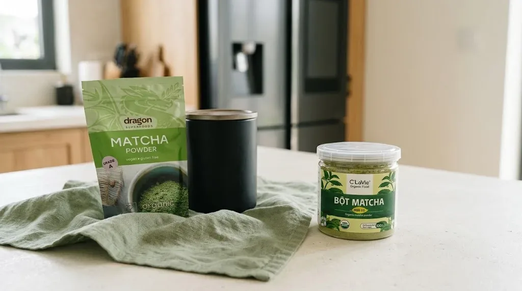 Cách bảo quản túi bột matcha hữu cơ Dragon Superfoods và hũ bột matcha C'LaVie đã mở trong hũ kín tối màu ở ngăn mát tủ lạnh, để nghỉ 5–10 phút trước khi mở nắp chống đọng sương
