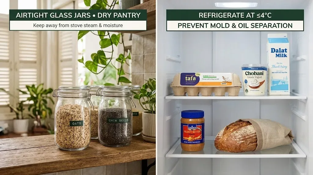 Split comparison showing oats and chia seeds in airtight glass jars versus eggs, Greek yogurt, milk, peanut butter, and bread stored in a 4C refrigerator.&nbsp;