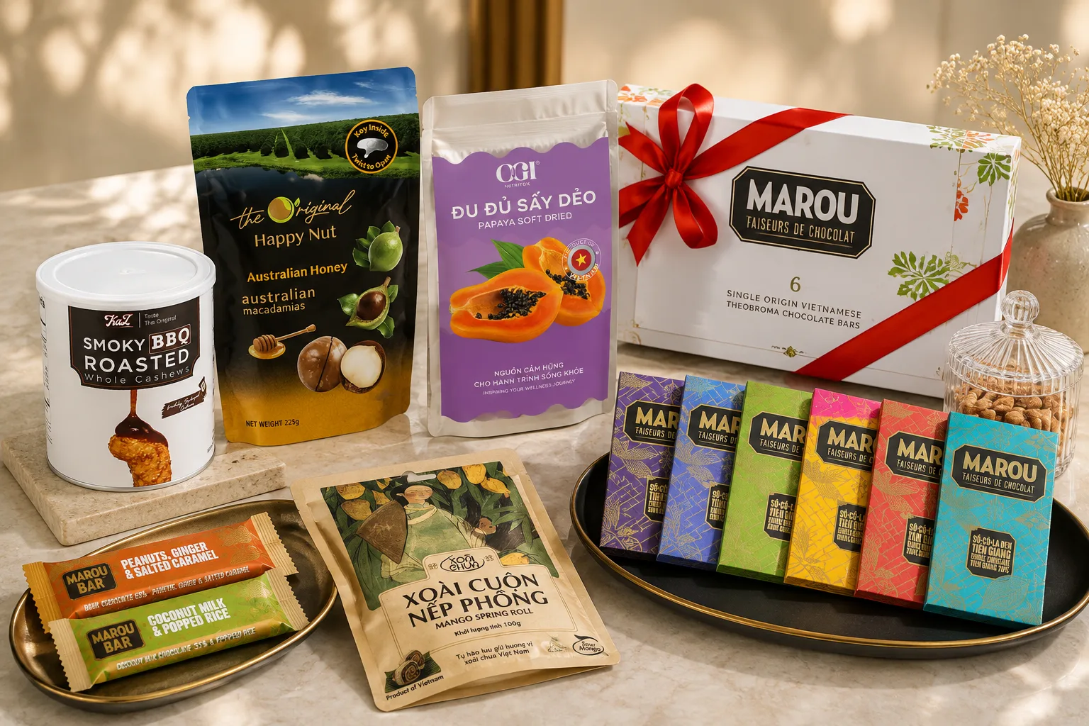 Modern Mid-Autumn gift ideas for Vietnamese business partners featuring premium chocolate and tea