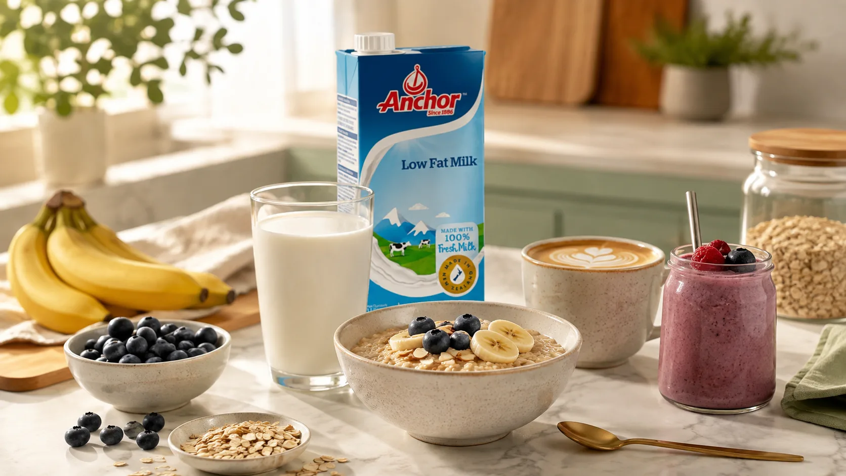 Uống sữa ít béo mỗi ngày với oats cà phê và smoothie