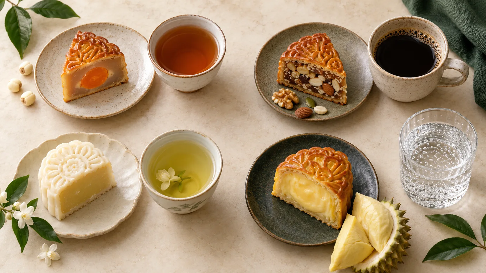 Different mooncake types paired with oolong tea coffee and sparkling water