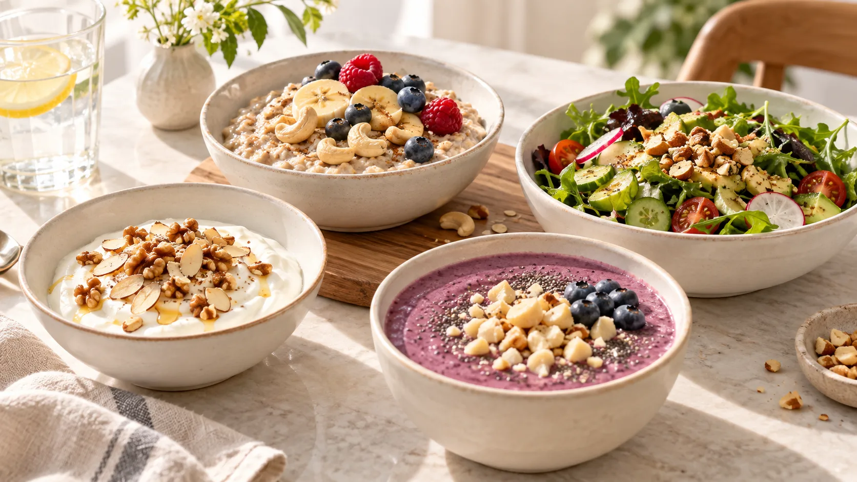 Hạnh nh&acirc;n &oacute;c ch&oacute; hạt điều v&agrave; mắc ca d&ugrave;ng c&ugrave;ng sữa chua yến mạch v&agrave; salad
