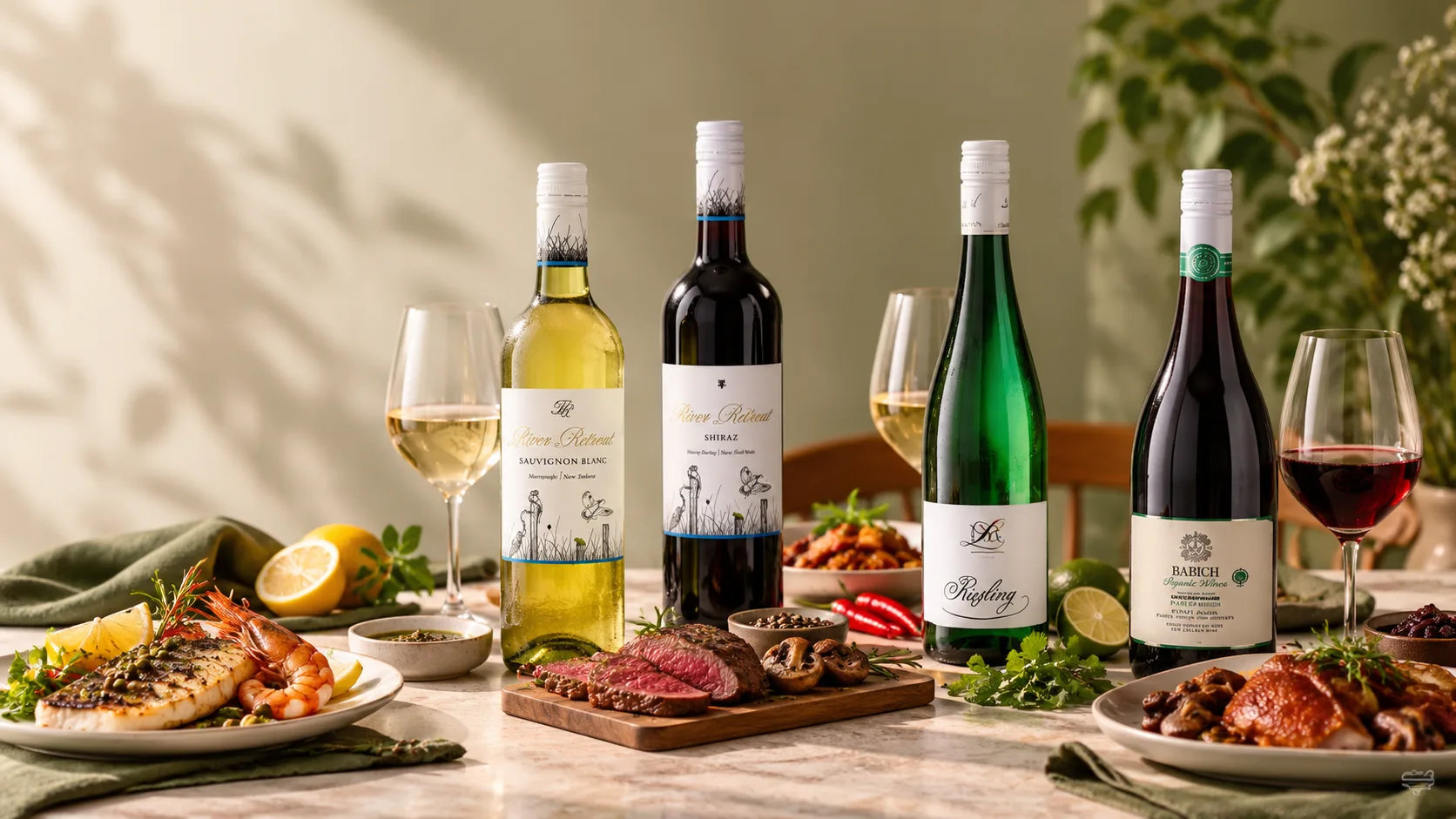 C&aacute;c lựa chọn rượu vang trắng đỏ Riesling v&agrave; Pinot Noir theo từng m&oacute;n ăn