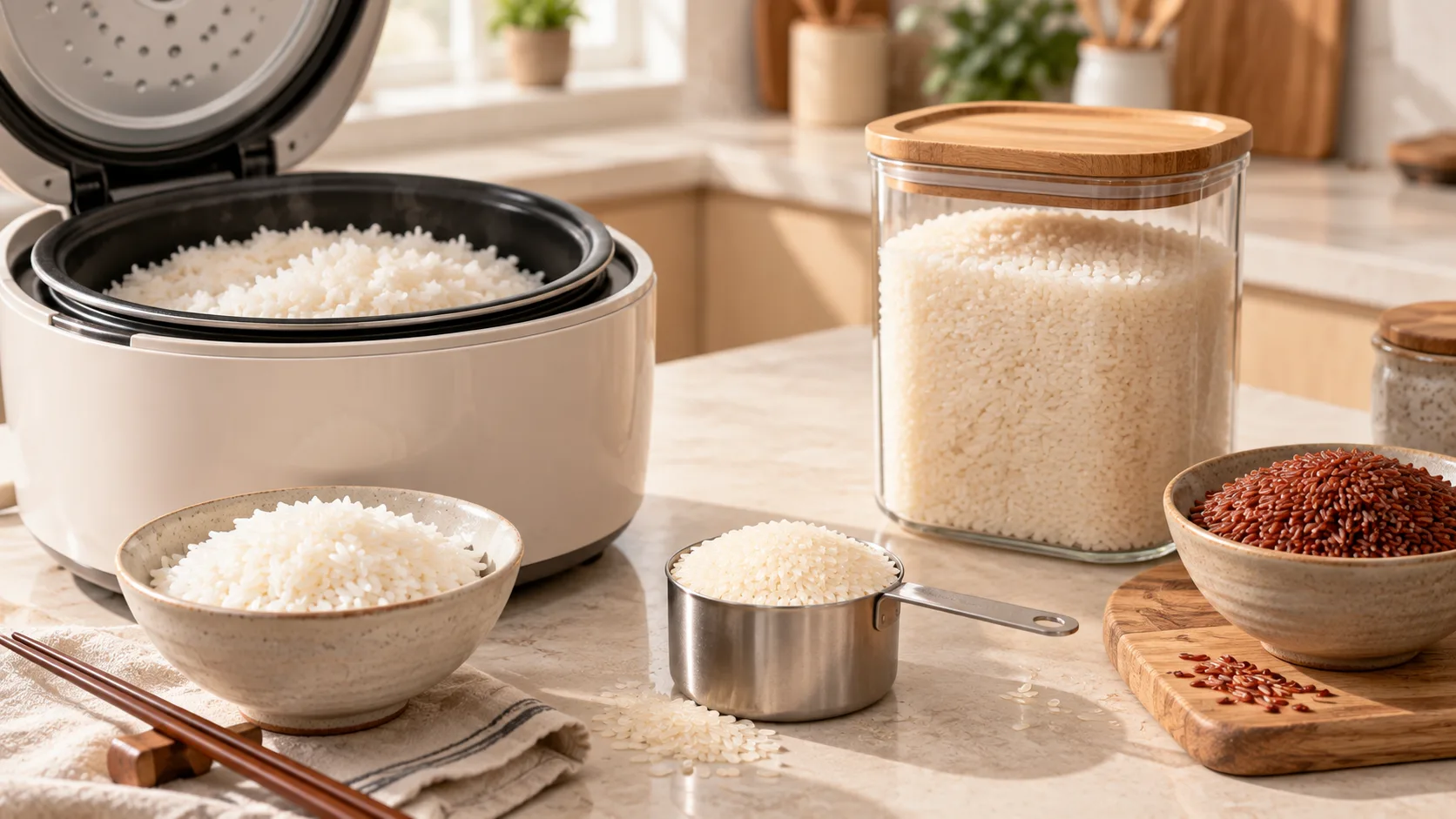 Cooking Vietnamese rice in a rice cooker and storing uncooked rice properly