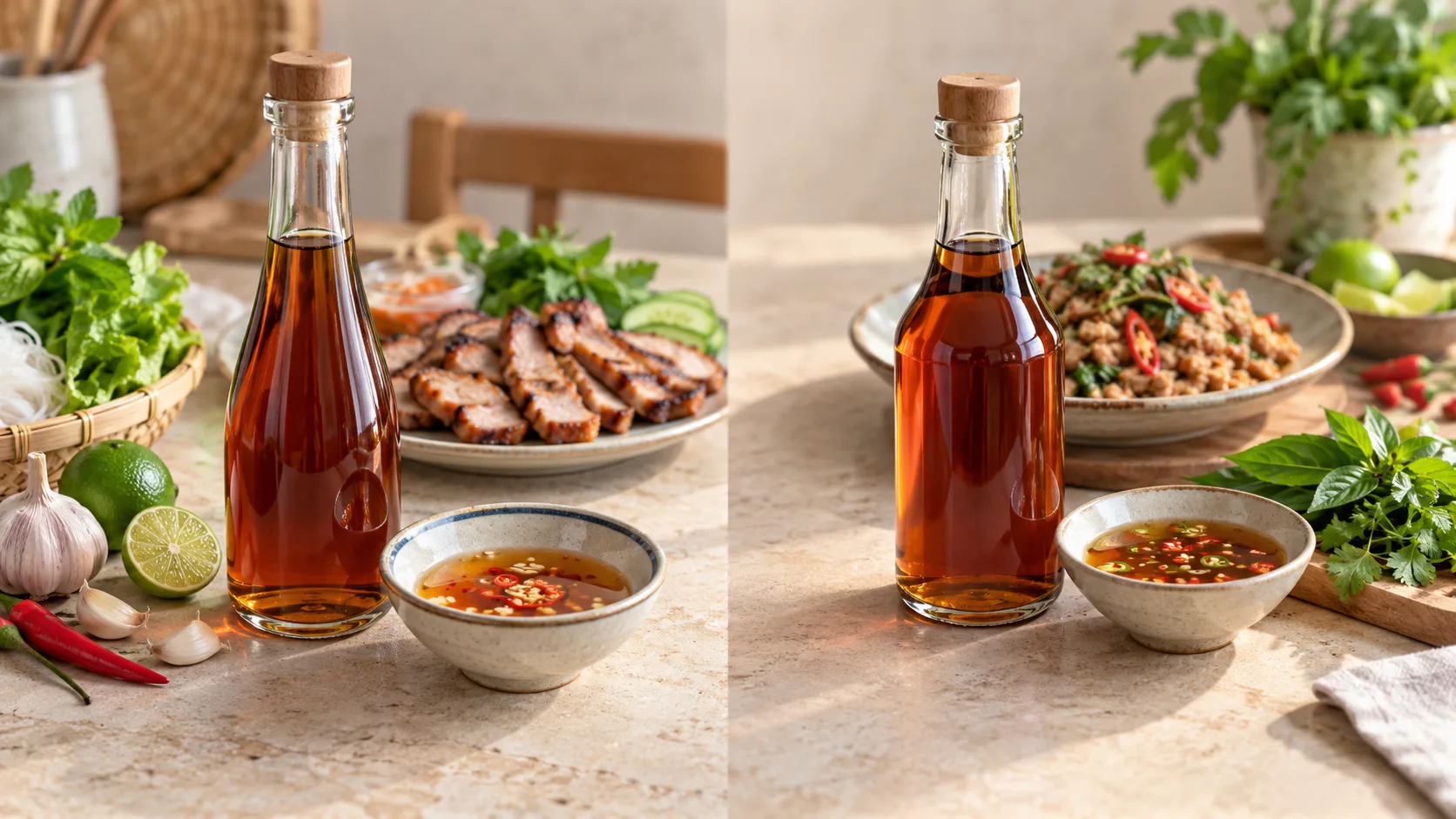 Vietnamese nước mắm and Thai nam pla shown side by side for cooking comparison