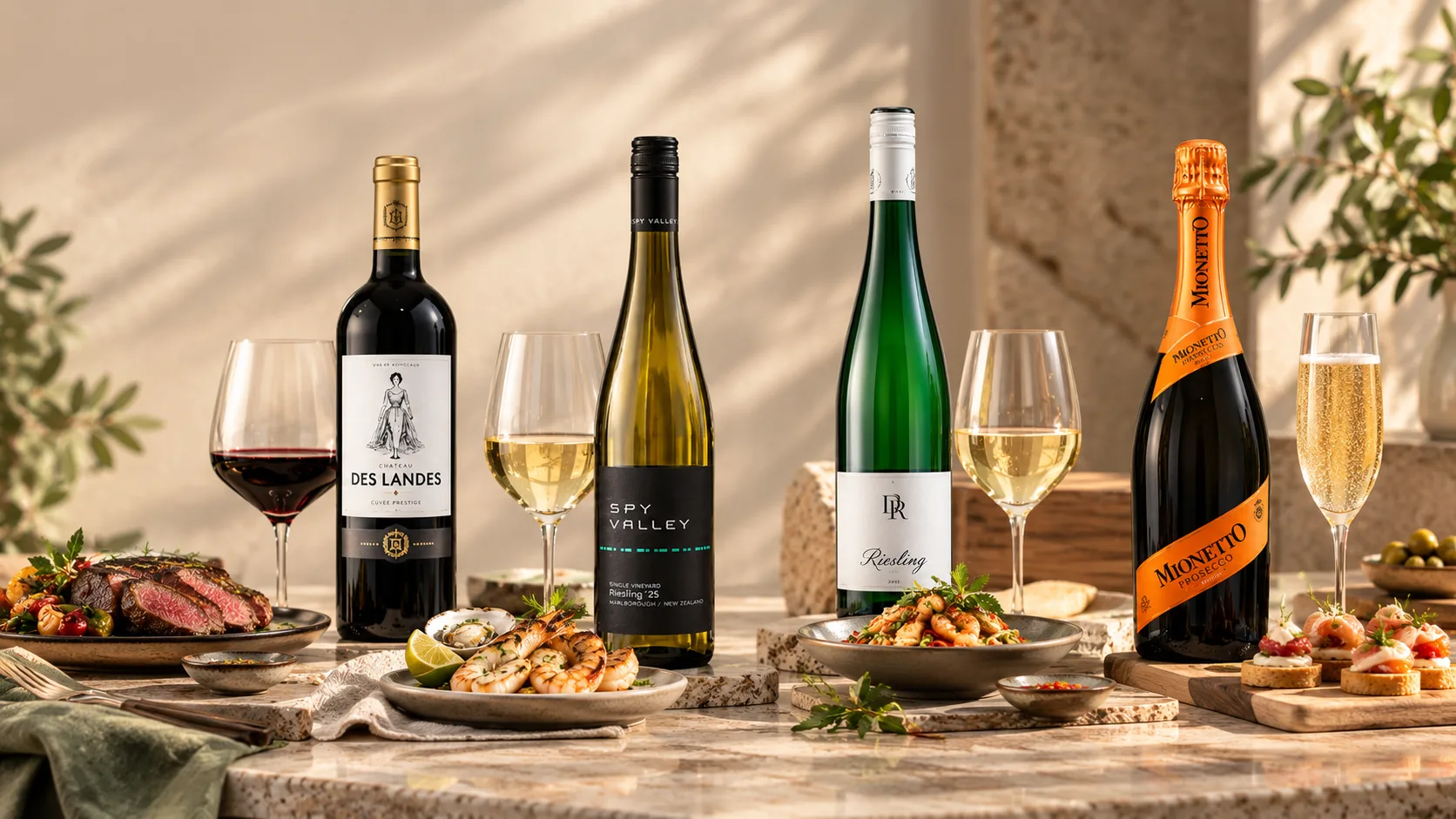 Các lựa chọn vang đỏ, Sauvignon Blanc, Riesling và Prosecco theo từng nhu cầu