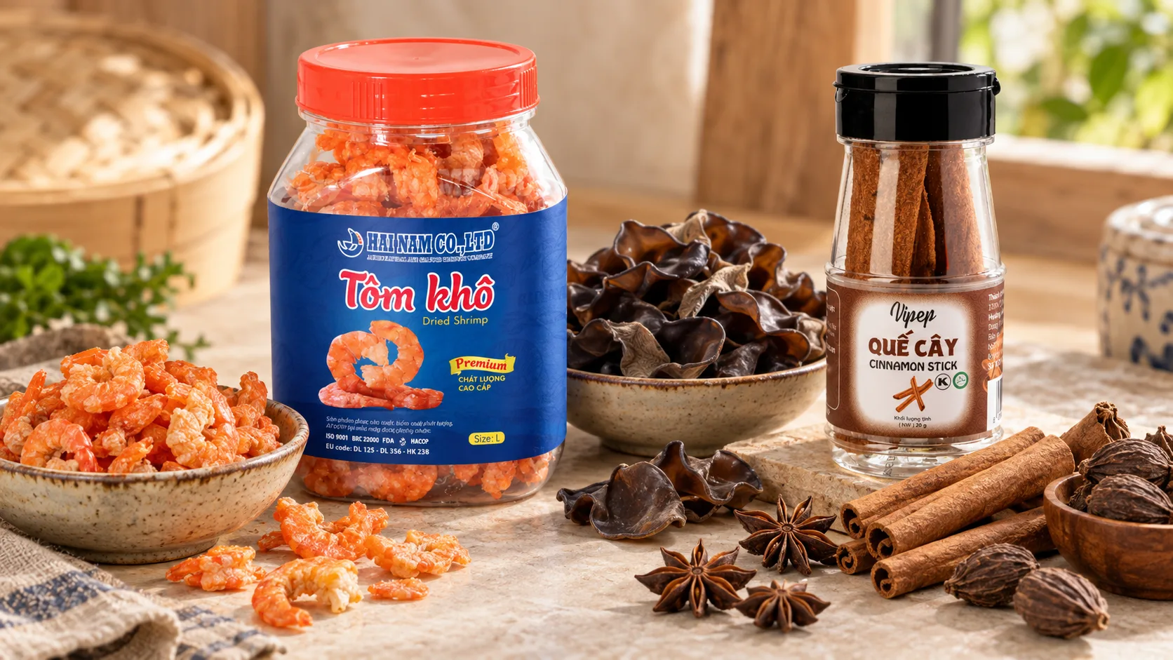 Dried shrimp, wood ear mushrooms and pho spices as long-keeping Vietnamese pantry ingredients.