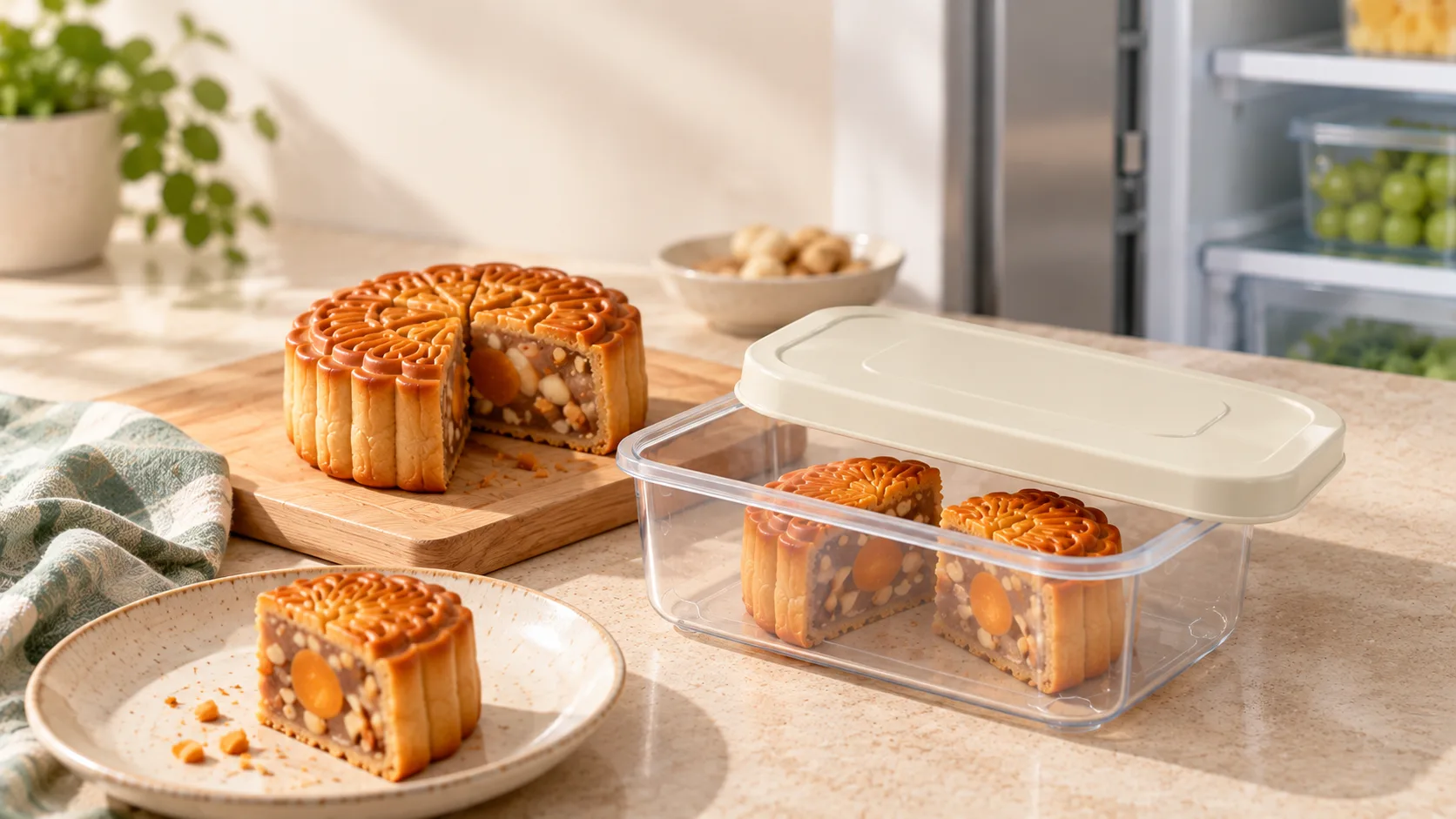 B&aacute;nh Trung Thu đ&atilde; cắt được bảo quản trong hộp thực phẩm INOCHI Hokkaido cạnh b&aacute;nh nguy&ecirc;n chiếc trong căn bếp