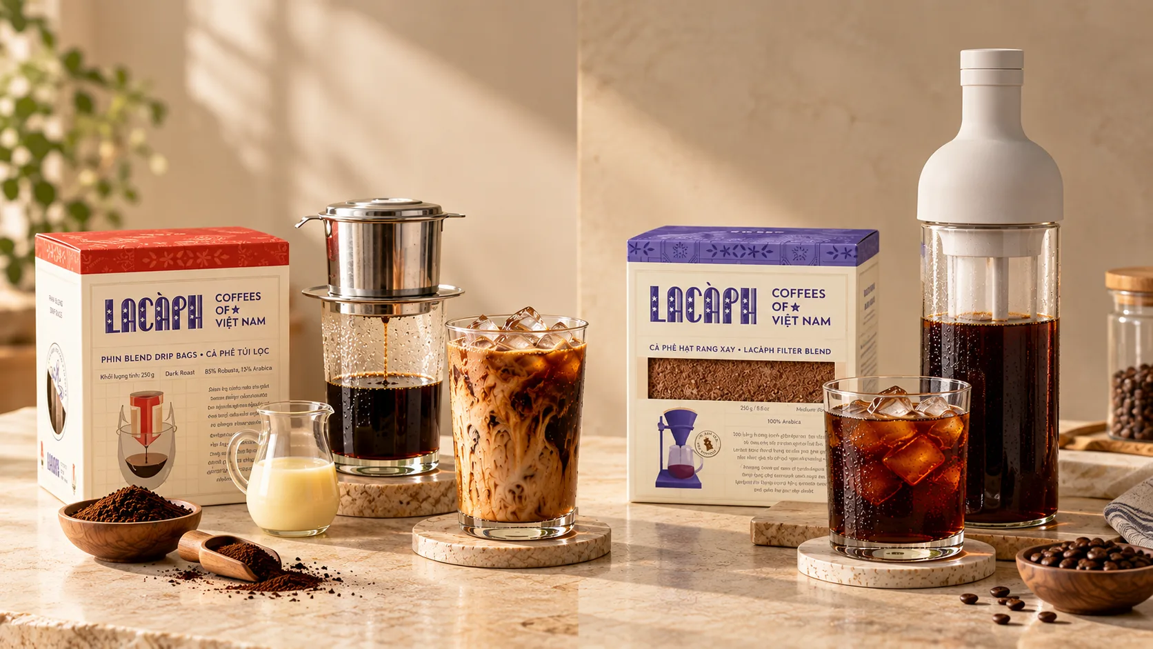 Lac&agrave;ph Phin Blend, Filter Blend v&agrave; b&igrave;nh HARIO minh họa hai lựa chọn pha c&agrave; ph&ecirc; sữa đ&aacute; v&agrave; cold brew