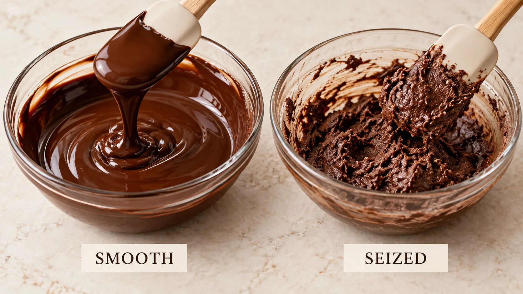 Chocolate tan mịn và chocolate bị vón đặc do hơi ẩm khi đun chảy