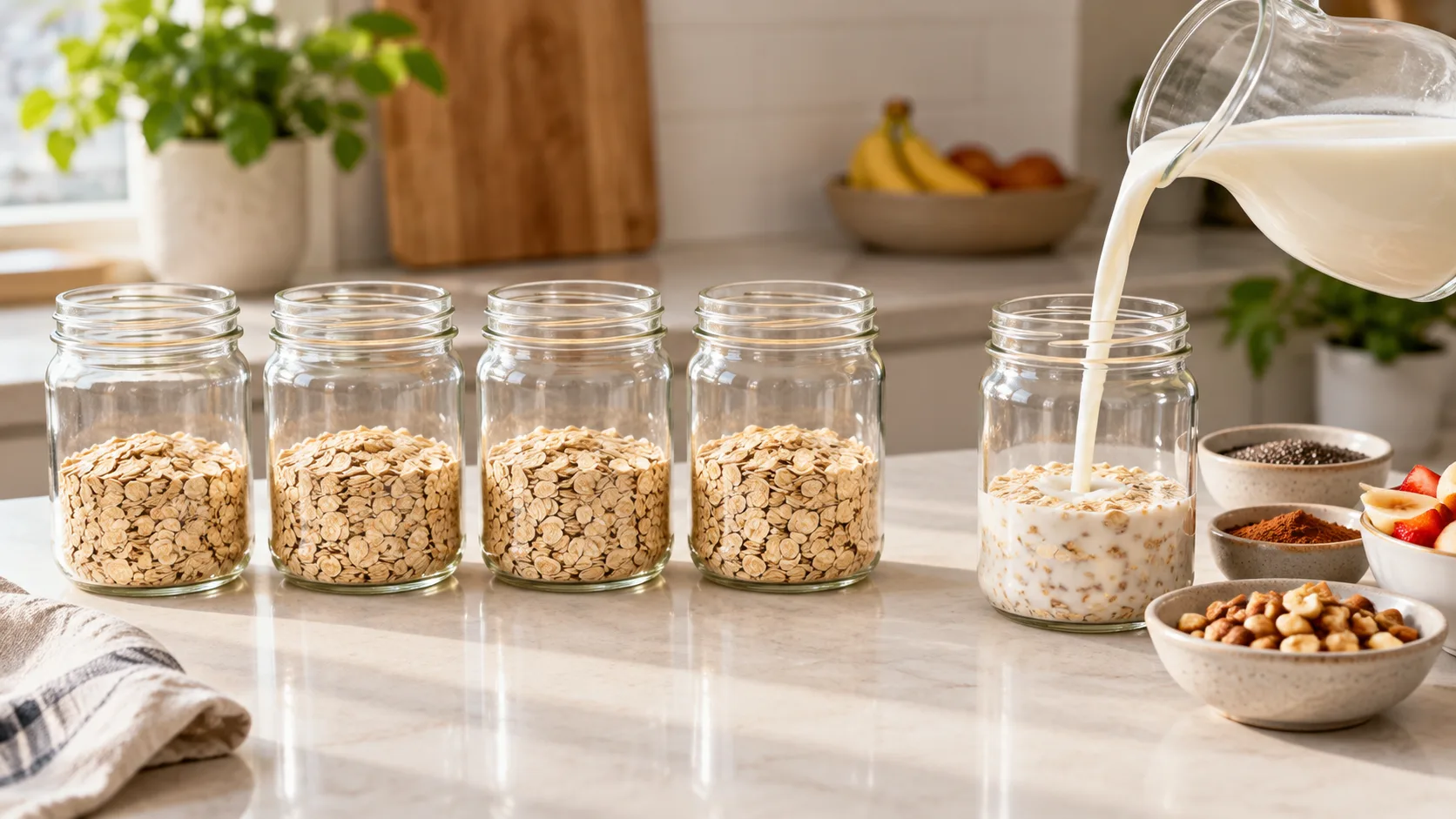 Bốn hũ yến mạch khô chia sẵn và một hũ đang được thêm sữa để chuẩn bị overnight oats cho sáng hôm sau