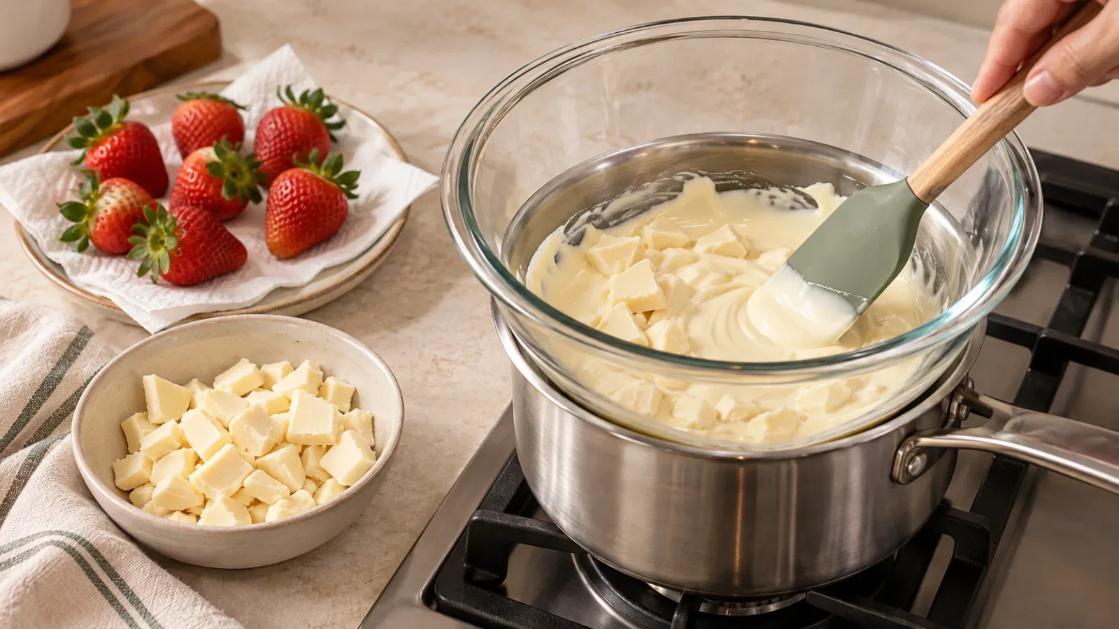 White chocolate melting in a heatproof glass bowl over a warm water bath for easy no-bake Halloween desserts
